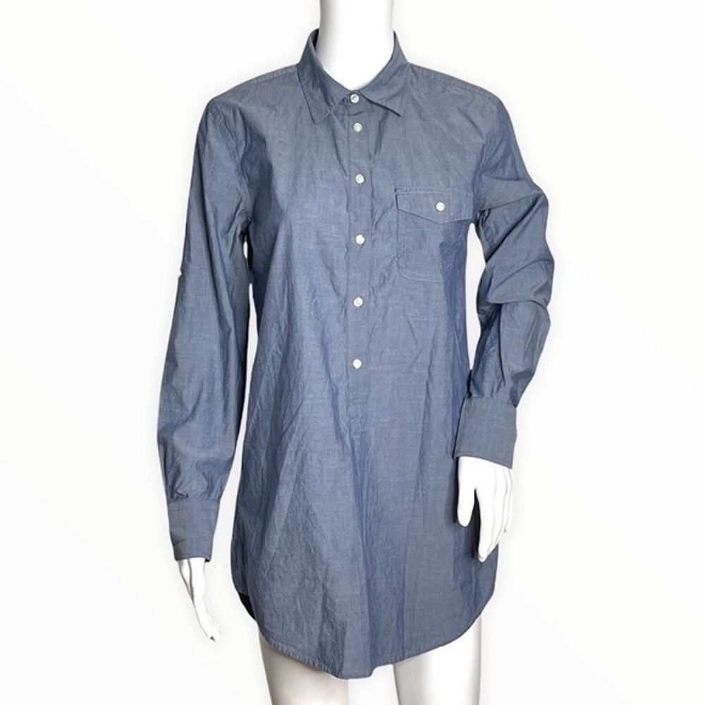 J. Crew‎ Shirt Womens XS Blue Popover Tunic Blouse Button Front Preppy Casual